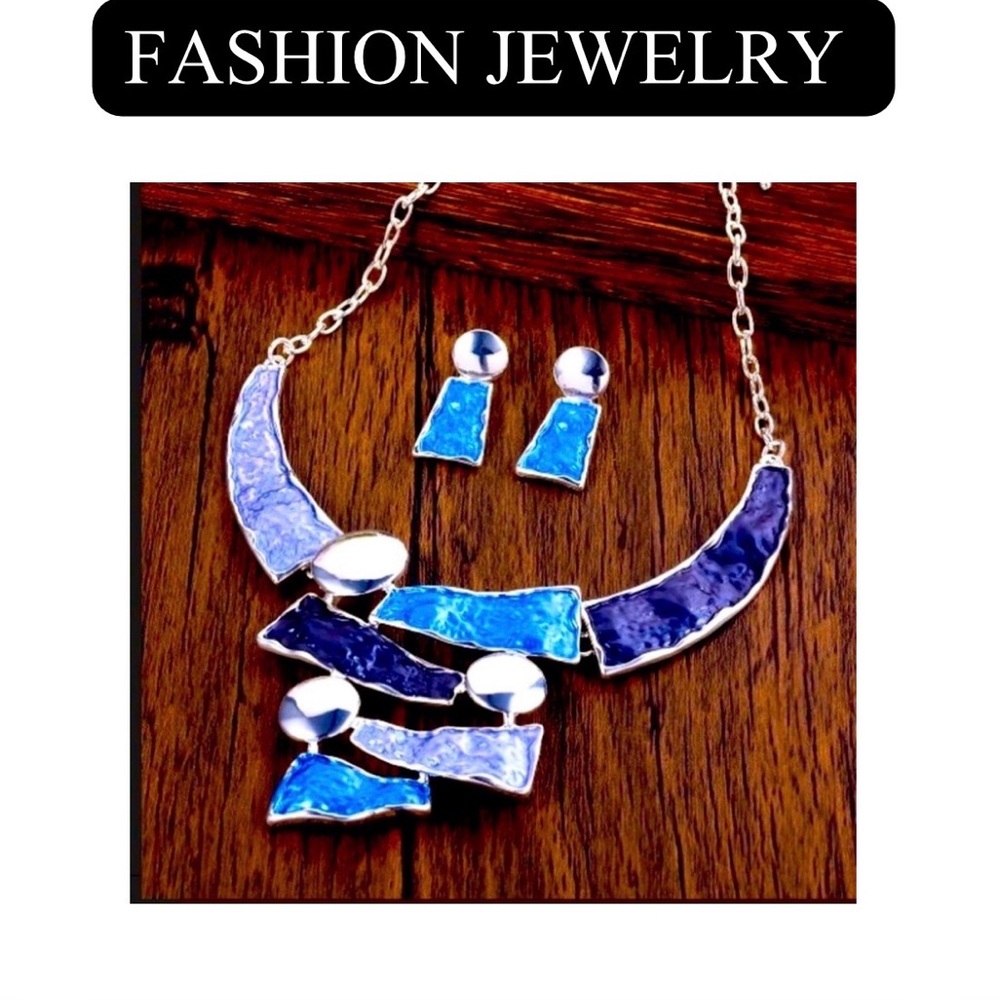 Geometric Zinc Alloy Hollow-Out Colorblock Oil-Drip Necklace & Earrings, NWOT